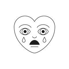 Y2k sad crying heart symbol of love amour cartoon character monochrome line retro groovy icon vector