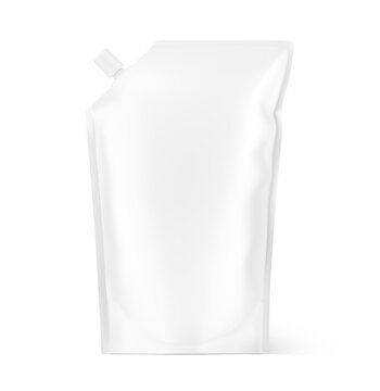 Pouch bag mockup with corner spout. Vector illustration isolated on white background. Front view. Can be use for template your design, presentation, promo, ad. EPS10.