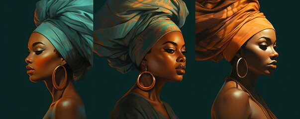African Beauty - Illustration of Women with Turbans - obrazy, fototapety, plakaty