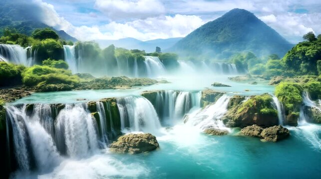 Beautiful waterfall in green forest, top view. Tropical in mountain jungle. Waterfall in the tropical forest. Big Waterfall in 4k