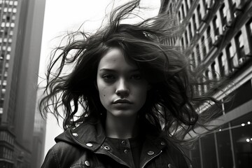Fashionable Woman in Leather Jacket, Strutting with Confidence on Urban Street - obrazy, fototapety, plakaty
