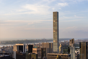 Scenic Aerial New York City View From Midtown Towards Lower Manhattan Architecture. Panoramic Shot...