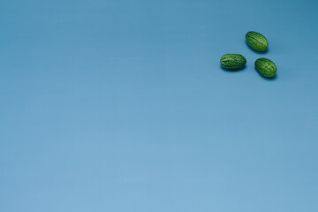 マイクロきゅうりを数粒右上に配置した青色系背景あり俯瞰撮影