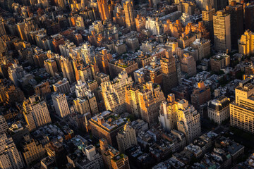 New York City Aerial Cityscape with Stunning Manhattan Landmarks, Skyscrapers and Residential Buildings. Panoramic Helicopter View of a Popular Travel Destination