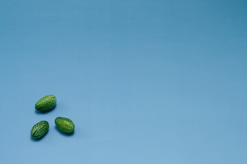 マイクロきゅうりを数粒左下に配置した青色系背景あり俯瞰撮影