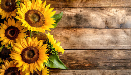 Sunflowers on a rustic wooden background