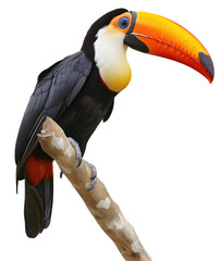 toucan bird sitting on a tree branch isolated on a white background