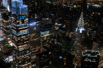 New York City Aerial Night Cityscape with Stunning Manhattan Landmarks, Skyscrapers and Residential...