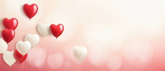 Valentine's Day background with red and white heart balloons.