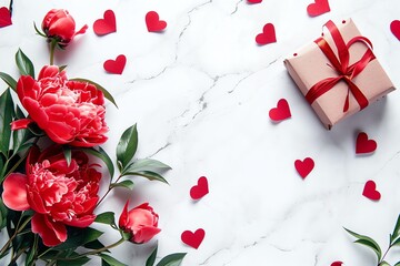 Valentines day background with red hearts, gift box and peony flowers - obrazy, fototapety, plakaty
