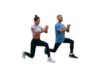 Young tanned female trainer training outside with bearded man in sportswear against transparent background makes lunges. Morning workout  at resort. Healthy people, sport, togetherness.