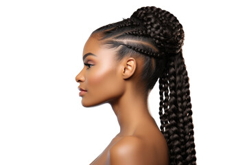 portrait of a black african woman with curly long braids bun hair isolated on white or transparent png background - obrazy, fototapety, plakaty