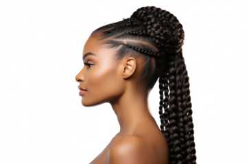 portrait of a black african woman with curly long braids bun hair isolated on white or transparent png background