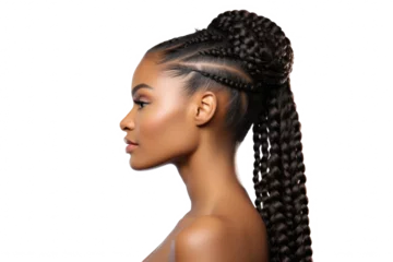 Fotobehang portrait of a black african woman with curly long braids bun hair isolated on white or transparent png background © David Kreuzberg