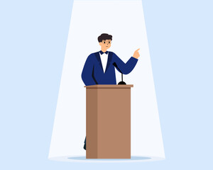 businessman speaking in front of stage with podium public speaker vector illustration.