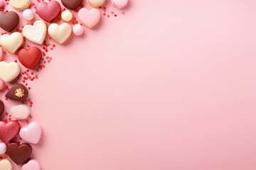 Fototapeta na wymiar Valentines day background with heart shaped candies on pink background.