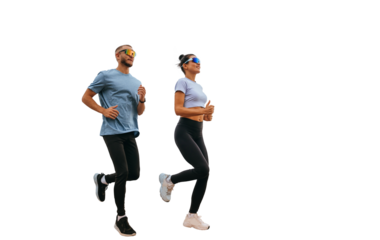 Healthy caucasian couple training outside against transparent background. Bearded young man in leggings, sunglasses running at embankment with wife, improving endurance.