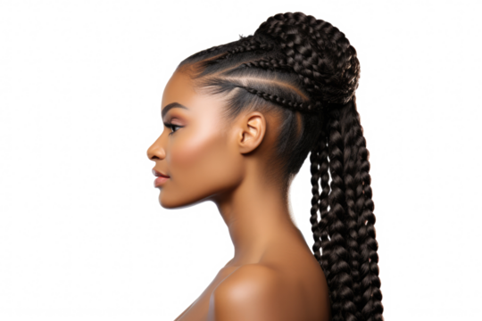portrait of a black african woman with curly long braids bun hair isolated on white or transparent png background