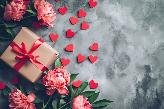Valentines day background with red hearts, gift box and peony flowers
