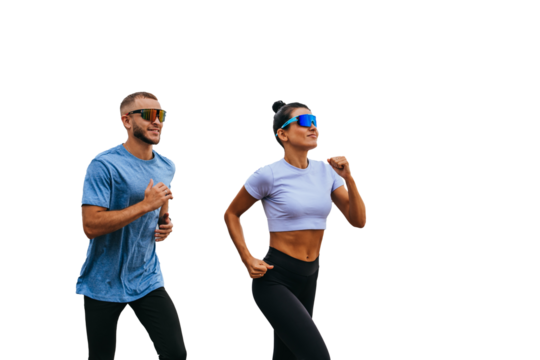 Young caucasian couple running against transparent background in sportswear and sunglasses. Fit hispanic young woman jogging outside with boyfriend.