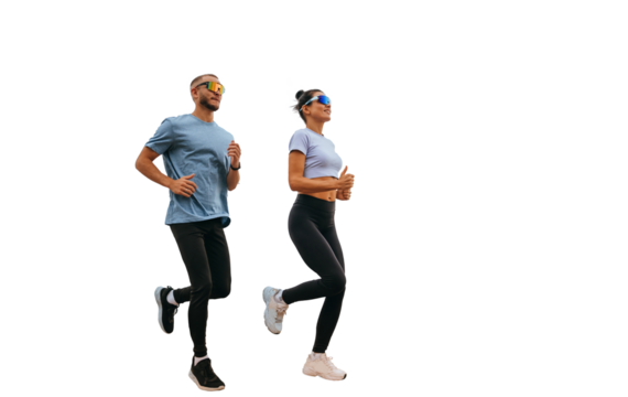 Healthy caucasian couple training outside against transparent background. Bearded young man in leggings, sunglasses running at embankment with wife, improving endurance.