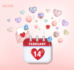 Fototapeta na wymiar 3d vector icon. Beautiful wall calendar. A card with a heart, Valentine's Day. A greeting card, a banner, a place to copy.