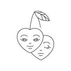 Y2k two cherry berry heart smile sad cartoon character monochrome line retro groovy icon vector