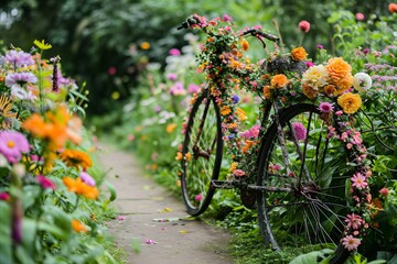 A vintage bike becomes a canvas for floral art, blooming with vibrant flowers along a scenic path.