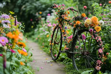 Crédence de cuisine en verre imprimé Vélo A vintage bike becomes a canvas for floral art, blooming with vibrant flowers along a scenic path.