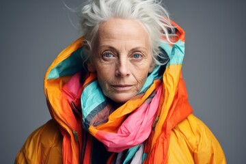 Portrait of an elderly woman in a raincoat. Studio shot.