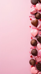 Chocolate candies on pink background. Top view with copy space.