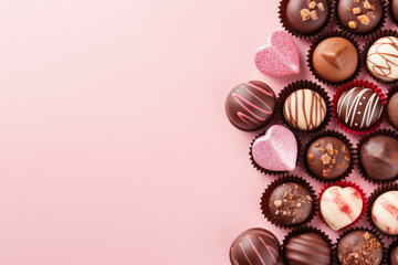 Assorted chocolates on pink background. Top view with copy space.