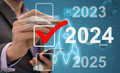  New Year 2024 business plan, strategies, goal, development and success. 