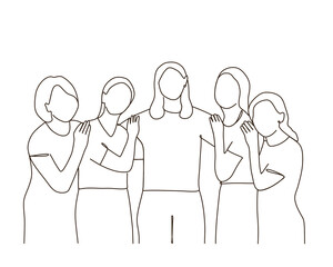 Line art of five women friends embrace and support each other. love friendship together hug women's day.