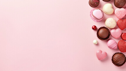 Valentine's day background with chocolate candies on pink background. - obrazy, fototapety, plakaty