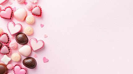 Valentine's day background with chocolate candies and hearts on pink. - obrazy, fototapety, plakaty