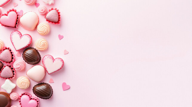 Valentine's day background with chocolate candies and hearts on pink.