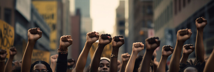 Black people with their fist raised in the air. Possibly at a protest or gathering - obrazy, fototapety, plakaty