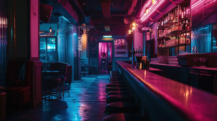 Dark style bar concept with neon. - obrazy, fototapety, plakaty