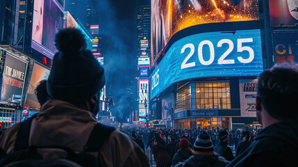 new year concept, 2025 showcase on billboard in new york city, a large size of text in neon effect, generative ai