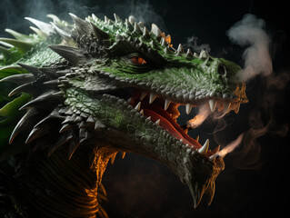 Magic green dragon smoke from mouth on black background....