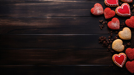 Valentines day background with heart shaped cookies and spices on dark wooden table.
