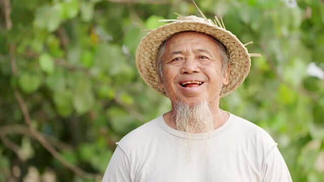 Elderly asian man smiling, wearing straw hat, white beard and moustache