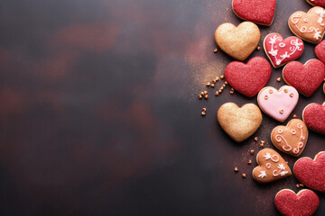 Valentine's day background with heart shaped cookies and spices on dark background.