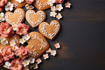 Delicious gingerbread hearts and flowers on wooden background, top view.