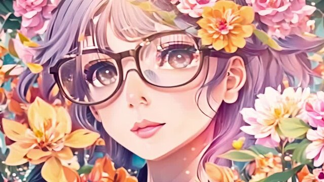 Illustrated anime girl with glasses, surrounded by vibrant flowers