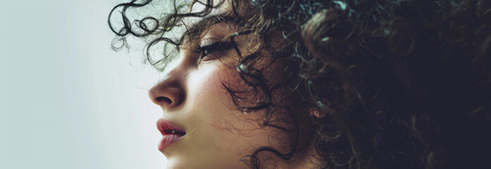 Artistic Side Profile of a Young Woman with Dark Curly Hair and Dramatic Lighting