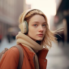 Fototapeta premium A girl, wearing headphones, gazes into the distance against a blurred street background, encapsulating a moment of contemplation and immersion in her surroundings.