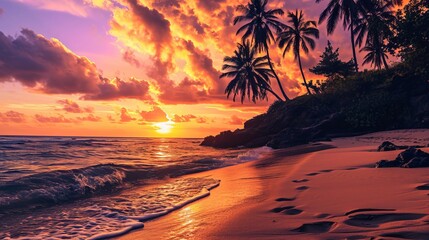 The sun's last rays illuminate a pristine beach, the sky ablaze with color and the silhouettes of palm trees creating a perfect end to the day. - obrazy, fototapety, plakaty