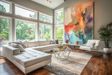 This minimalist living room, with its crisp white sofas and striking art piece, offers a peaceful retreat in an urban setting.